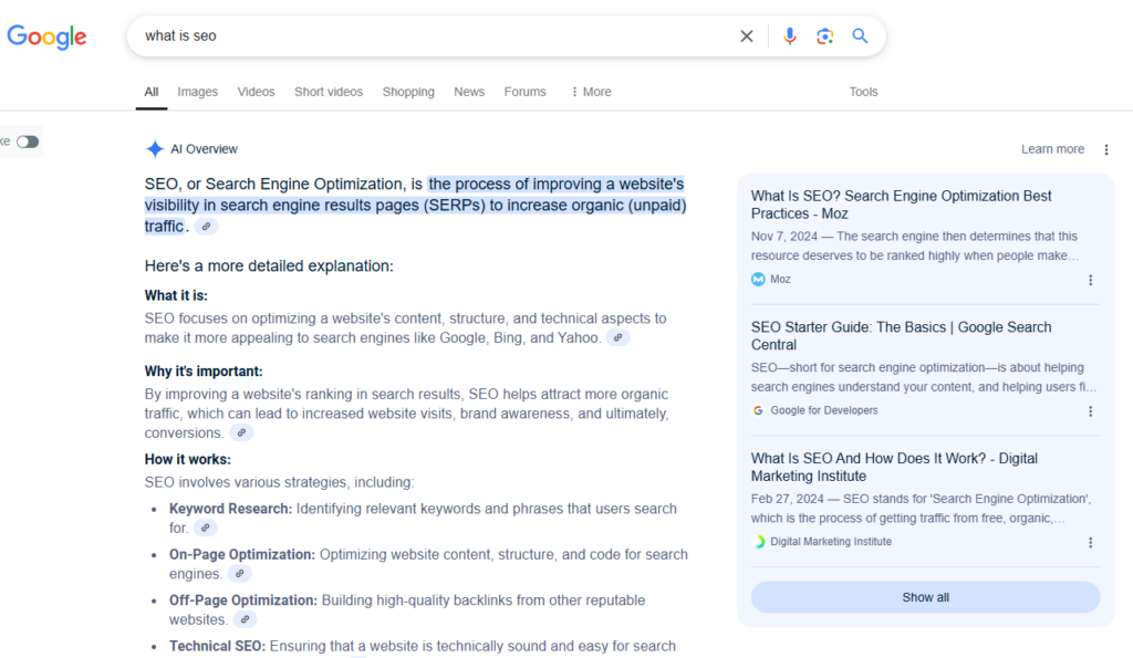 Exemple de résultat AI Overview dans Google Search