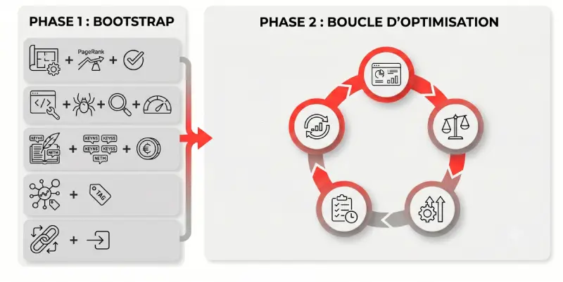 Schéma des deux phases de l'accompagnement SEO : Phase 1 Bootstrap puis Phase 2 boucle mensuelle (mesurer, analyser, renforcer, réitérer)
